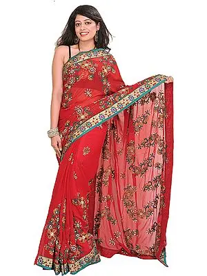 Chili-Pepper Wedding Sari with Floral Embroidery and Beadwork by Hand