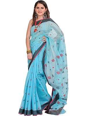 River-Blue Handloom Chanderi Sari with Woven Bootis