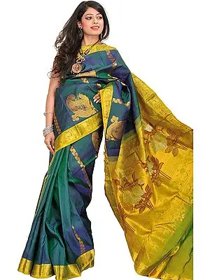 Teal Kanjivaram Handloom Sari with Woven Paisleys in Zari Thread