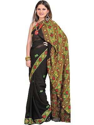 Jet-Black Saree from Punjab with Phulkari Hand-Embroidered Aanchal and Border