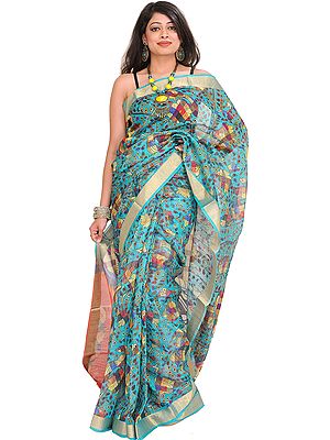 Blue-Curacao Digital-Printed Sari from Purvanchal with Woven Border