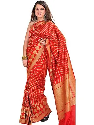 Mars-Red and Golden Wedding Sari from Banaras with Zari Weave All-Over