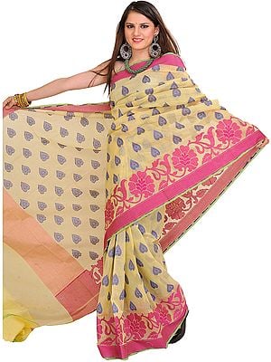 Mellow-Yellow Sari from Banaras with Woven Bootis All-Over