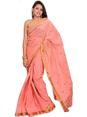 Peach-Bloosom South Cotton Sari with Woven Bootis and Zari Border