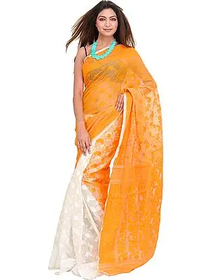 Orange and Ivory Jamdani Sari from Bengal with Woven Bootis