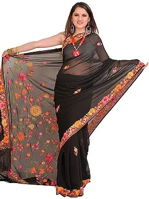 Jet-Black Sari from Kashmir with Aari-Embroidered Flowers