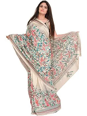 Vanilla-Ice Sari from Kolkata with Kantha Hand-Embroidered Birds and Leaves