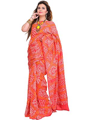 Calypso-Coral Bandhani Tie-Dye Sari from Gujarat