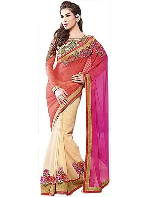 Hot-Coral and Cream Wedding Sari with Floral Patches and Embroidered Blouse