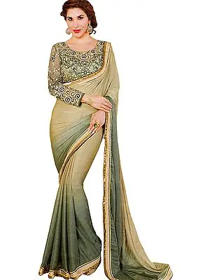 Olive-Gray and Green Shaded Self-Weave Sari with Patch Border and Zari Embroidered Blouse