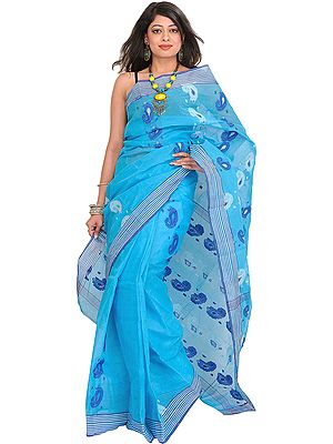 Cyan-Blue Tangail Sari from Bengal with Woven Paisleys and Striped Border