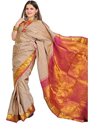 Moonlight and Pink Kanjivaram Sari with Woven Little Krishna on Aanchal