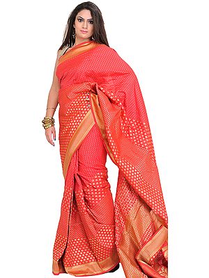 Rouge-Red Sari from Banaras with Woven Bootis in Zari Thread