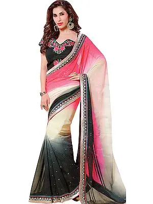 Triple-Shaded Designer Wedding Sari with Patch Border and Embroidered Blouse