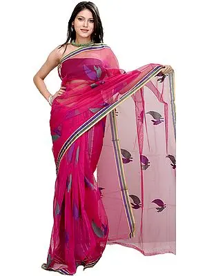 Lilac-Rose Saree from Banaras with Woven Leaves All-over