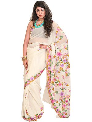 Ivory Sari from Kashmir with Floral Aari-Embroidery
