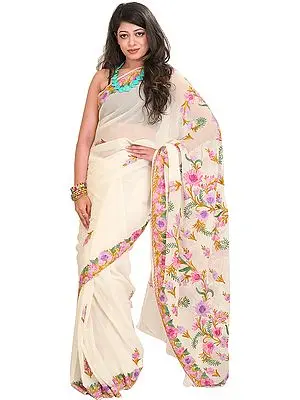 Ivory Sari from Kashmir with Floral Aari-Embroidery