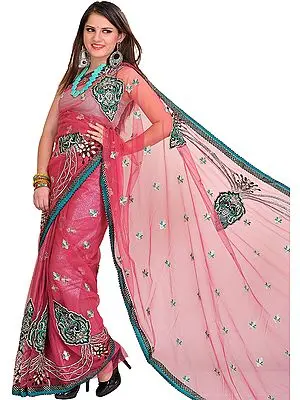 Rose-Wine Wedding Shimmer Saree with Embroidered Patches and Sequins