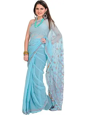 Angel-Blue Sari with Lukhnavi Chikan Embroidery by Hand