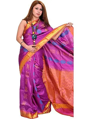 Hyacinth-Violet Handloom Sari from Bangalore with Woven Bootis and Zari Weave on Border