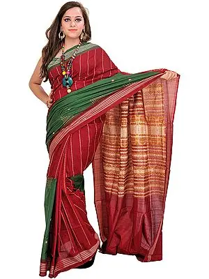 Maroon and Green Double-Colored Bomkai Sari from Orissa