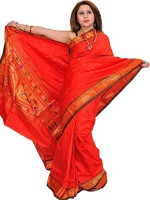 Poppy-Red Paithani Sari with Hand-Woven Peacocks on Aanchal and Brocade Border