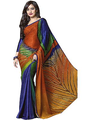 Multicolor Self-Weave Sari with Crystals and Giant Printed Peacock Feather