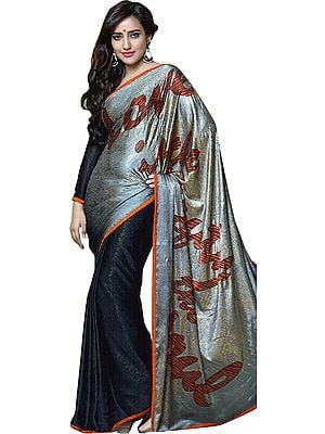 Silver and Black Double-Shaded Printed Sari with Self-Weave All-Over