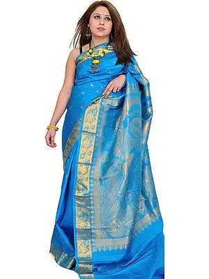 Hawaiian-Ocean Kanjivaram Saree with Woven Little Krishna on Aanchal
