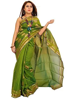 Forest-Green Sari from Banaras with Woven Paisleys in Zari Thread