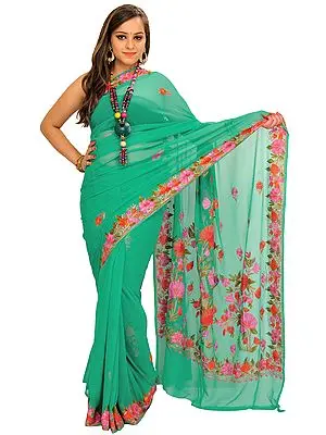 Atlantis-Green Sari from Kashmir with Aari-Embroidered Flowers