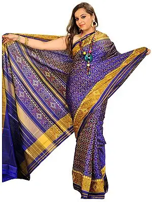 Orient-Blue Patan Patola Sari from Gujarat with Ikat Weave