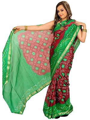 Biking-Red and Green Bandhani Tie-Dye Marwari Sari from Jodhpur