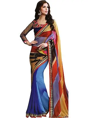 Multicolor Digital-Printed Sari with Embroidered Patch Border