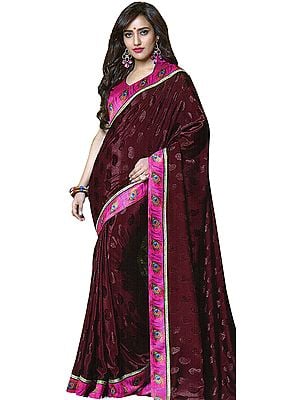 Saree with Self Weave Paisleys and Peacock Printed Patch Border