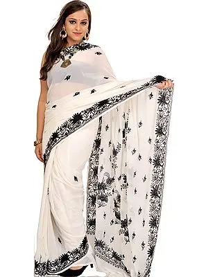 Pristine-White Sari from Kashmir with Black Aari-Embroidered Flowers