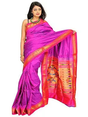 Purple-Orchid Paithani Saree with Hand-Woven Peacocks on Aanchal