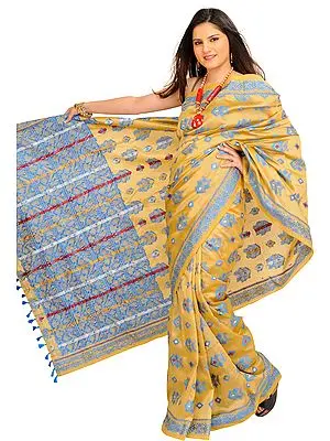 Sahara-Sun Tissue Sari from Assam with Woven Motifs All-Over