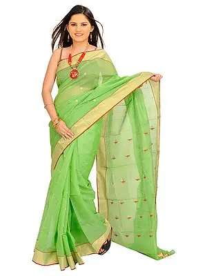 Grass-Green Chanderi Sari with Woven Flowers on Aanchal and Tissue Border