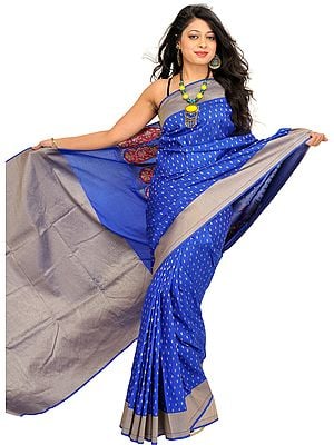 Classic-Blue Sari from Banaras with Paisleys Woven Bootis All-Over