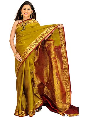 Mehandi and Maroon Kanjivaram Sari from Bangalore with Woven Butter Krishna on Aanchal
