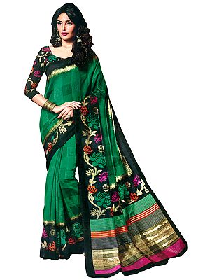 Green and Black Cochin Silk Sari with Woven Lotuses on Border and Self-Weave