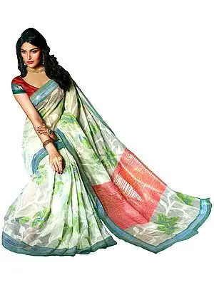 Ivory Kashida Silk Sari with Woven Leaves and Self Weave
