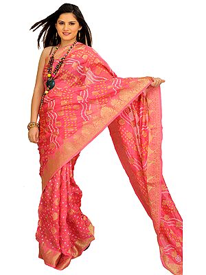 Shocking-Pink Bandhani Tie-Dye Sari from Jodhpur with Zari Woven Bootis All-Over