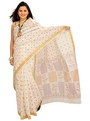 Ivory Sari from Bengal with Printed Bootis and Golden Border