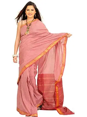 Earth-Red South Cotton Checkered Sari with Zari Weave on Border
