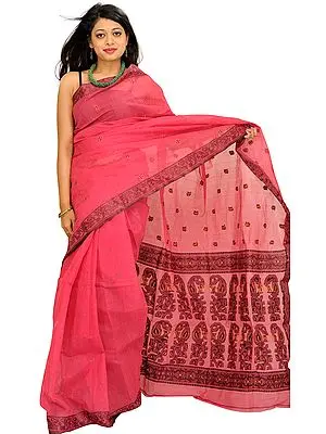 Pink-Flambe Tangail Sari from Bengal with Woven Bootis and Paisleys on Aanchal