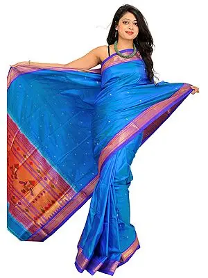 French-Blue Paithani Sari with Zari Bootis and Hand-Woven Peacocks on Aanchal