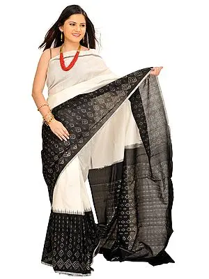 Ivory and Black Handloom Sari from Pochampally with Ikat Weave