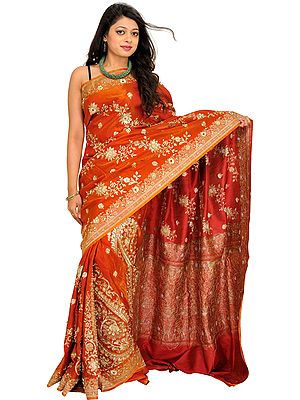 Bombay-Brown Bridal Shimmer Sari from Banaras with Zari-Embroidery and Sequins